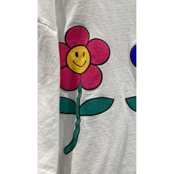 Happy Flower T-Shirt Womens L White Floral Graphic Print Crop Baggy Hippie Y2K - Picture 4 of 5